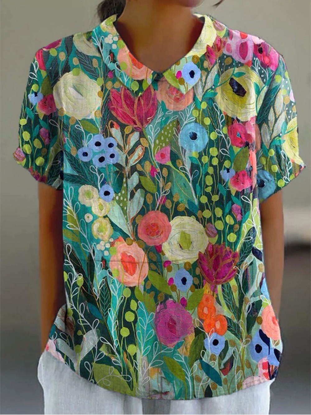 Women’s Daisy Watercolor Floral Print Short-Sleeve Top Multicolor Size-M NIB